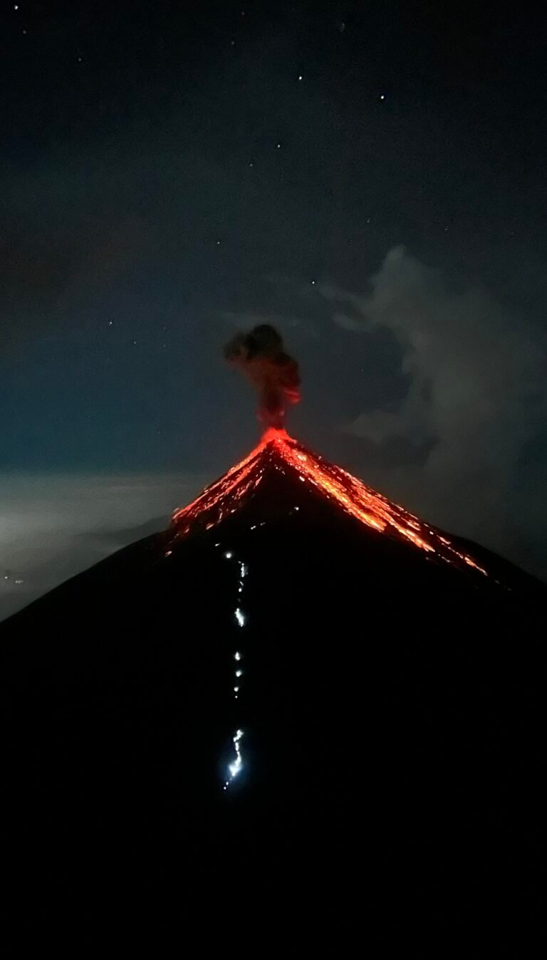 Volcano erupting at night in Guatemala