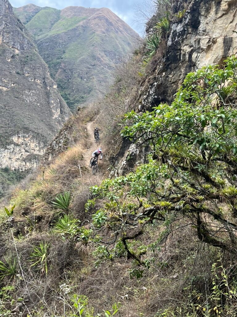 Riders on a steep singletrack along a green canyon wall